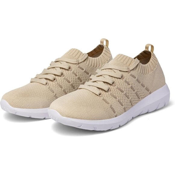 Women Beige Running Breathable Knitting flexible Mesh Sports Shoes Sneakers - Picture 2 of 6
